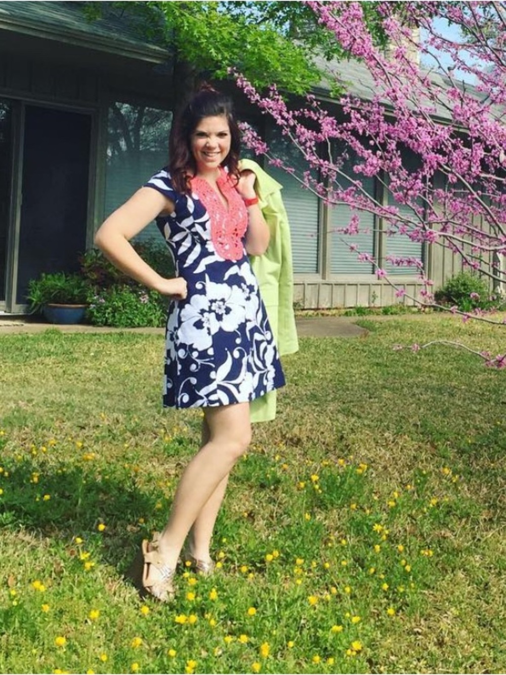 Lilly Pulitzer Navy and White Floral Mini Dress with Coral Lace Detailing